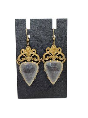Vintage GWS Glass Works Studios Brass Teardrop Dangle Earrings Ornate Scroll